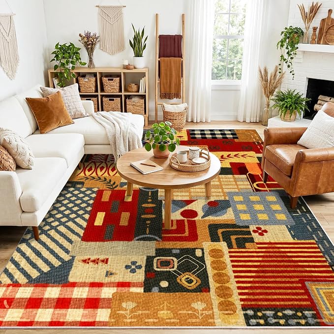 8x10 Tribal Patchwork Area Rug for Living Room, Geometric Boho Large Rug | Colorful Vintage Rustic Rugs Non Slip Carpet| Indoor Rug for Dining Room Bedroom Office Entryway Decor| Memphis-Inspired Rug