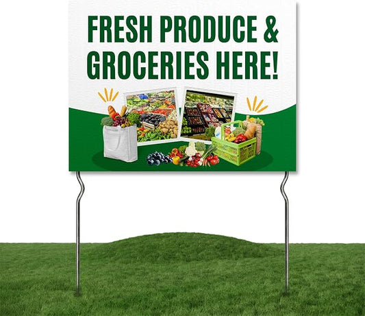 Fresh Produce & Groceries Here! Yard Sign by DC | 24"x18" Double Sided Conv. Store Garden Sign with 13” Metal Stakes | Outdoor Signs Waterproof for Lawn, Patio, Sidewalk & House | Set of 1