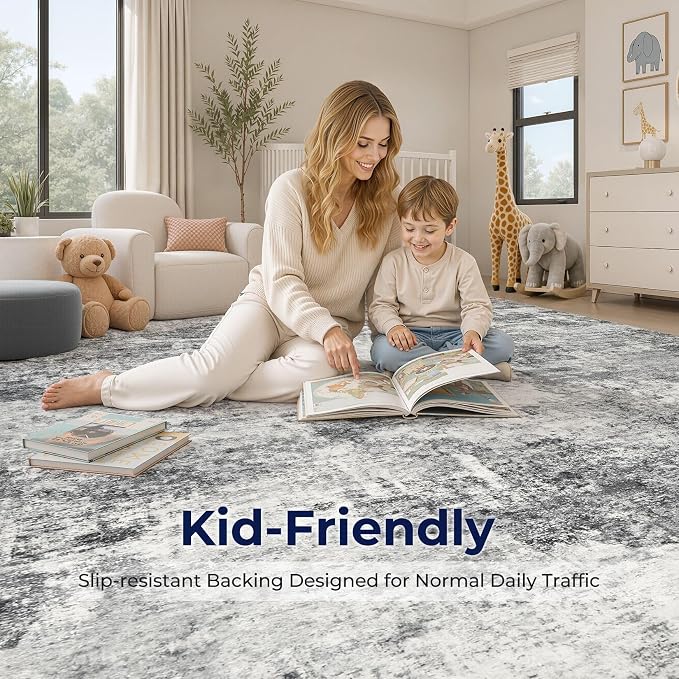 DMOYEST 7x9 Area Rug for Living Room Washable Abstract Indoor Carpet | Neutral Modern Low Pile Rugs Kid & Pet Friendly Large Soft Thin Carpet for Bedroom Dining Room and Office - Grey