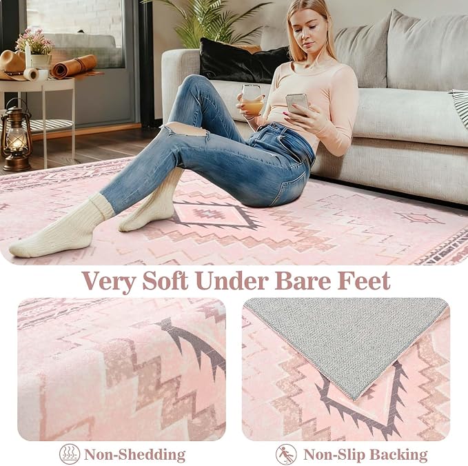 Yinhua Pink Rug 2x3 Non Slip, Western Washable Rug Low-Pile | Soft Moroccan Door Mat Indoor Entrance with Rubber Backing, Stain Resistant Aztec Small Rugs for Bathroom Kitchen Hallway