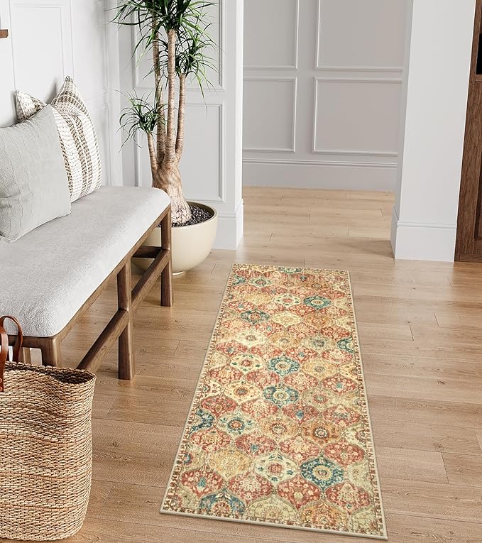 Lahome Moroccan Hallway Rug, 2x5 Washable Kitchen Runner Rug Non Slip | Kitchen Runners for Hallways Trellis Ultra-Thin Vintage Carpet for Bedroom Bathroom Entryway Elise, Red Orange