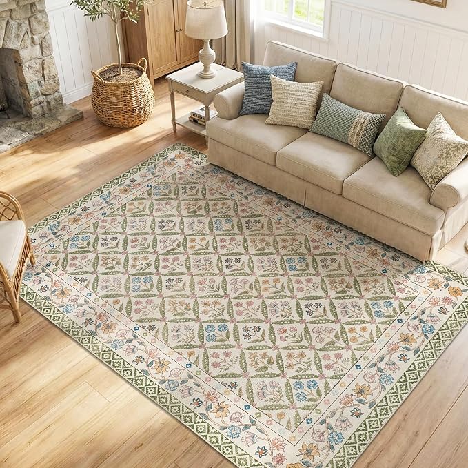 jinchan 6x9 Vintage Floral Washable Large Living Room Area Rug, Sage Green | Soft & Lightweight, Checkered Floral, Low Pile, Non Slip, Bedroom, Dining Room, Girls Room, Home Office, Cottage Decor