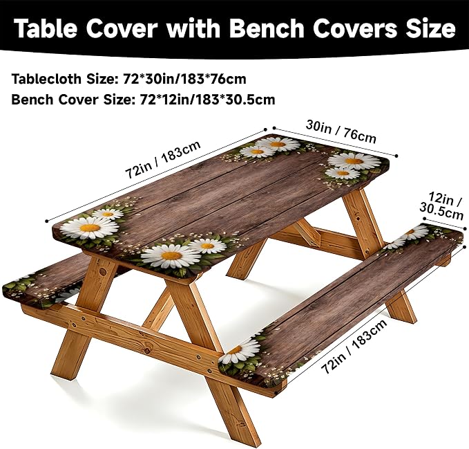 NYZE 3 Pieces Picnic Table Cover with Bench Covers Set, Camping Tablecloth, Tablecloth Cover with Drawstring Bag, Camping Essentials for Outdoor Picnics, Patio, BBQ (Wood Daisy)