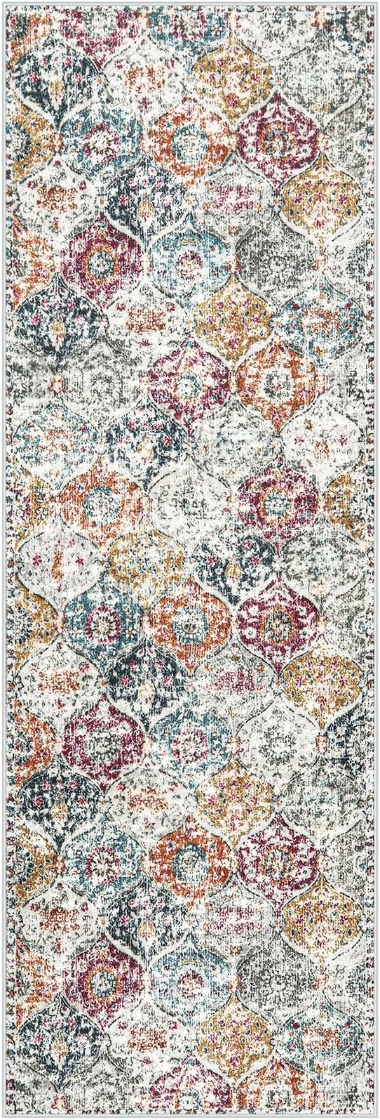 Lahome Moroccan Hallway Runner Rug, 2x6 Kitchen Runner Rugs Washable | Bthroom Non Skid Trellis Vintage Laundry Room Rug Ultra-Thin Carpet for Bathroom Bedroom Entryway Elise,Aqua/Multi