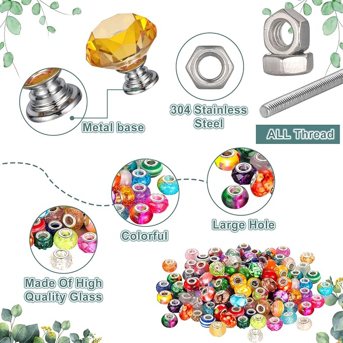 Tigeen 236 Pcs Garden Stake DIY Fairy Wand Plant Stake with 12 Colorful Crystal Stopper Top 12 Threaded Rod with 200 Large Hole Bead for Spring Summer Holiday Outdoor Decorations(Classic)