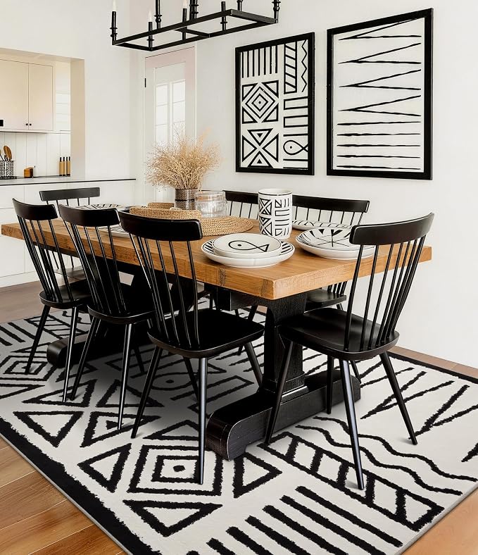 Living Room Rug 8x10- Black and Cream Rug for Bedroom Dining Room, Abstract Modern Washable Non-Slip Ultra-Thin Area Rug Symbol,8x10ft