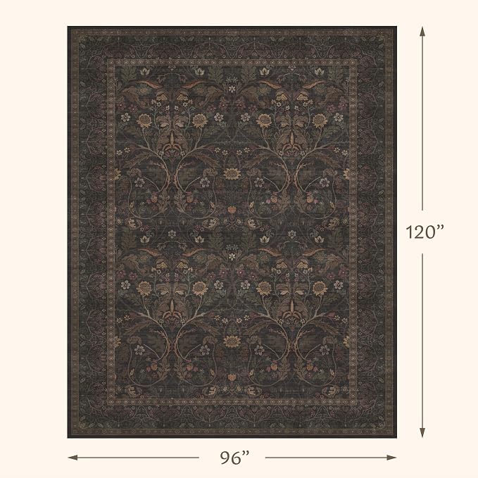 Washable 8x10 Area Rugs for Living Room, Black and Brown Rug for Bedroom Dining Room, Moody Dark Floral Farmhouse Western Style Decor, Large Gold Southwest Non Slip Low Pile Soft Carpet (Dark Brown)