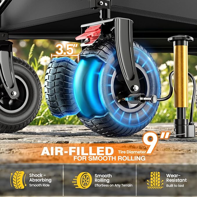 All-Terrain Beach Wagon with 9x3.5IN Big Inflatable Rubber Wheels for Sand, 240L Collapsible Wagon Cart, 450lbs Heavy Duty, Quiet Smooth Ride, Puncture-Resistant Tires, Side Pockets, Black