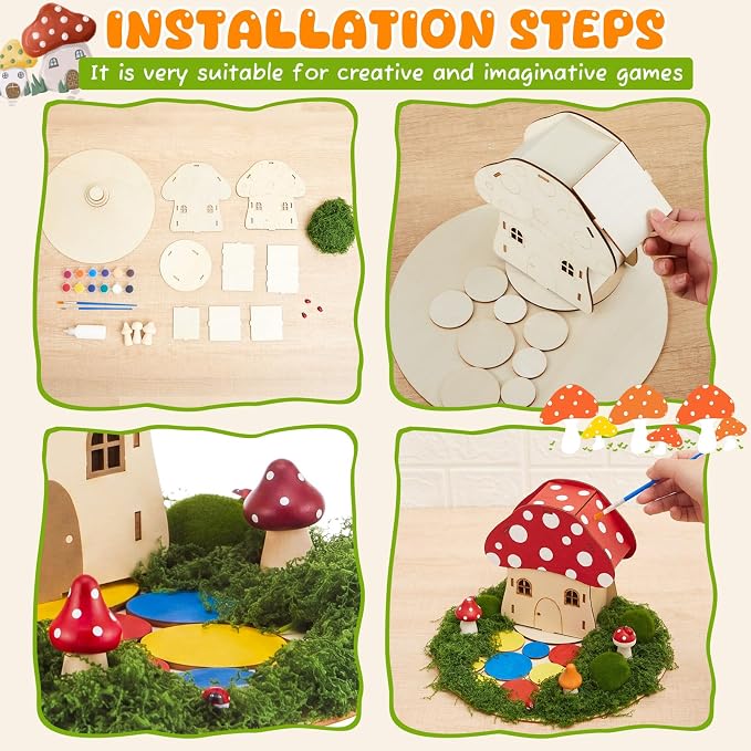 Kathfly 8 Sets Wooden Fairy House DIY Craft Kit for Kids with Paints & Decorations,Unpainted Miniature Garden Accessories for Home Event Party Decorations, Arts Birthday Party Favor (Mushroom Houses)