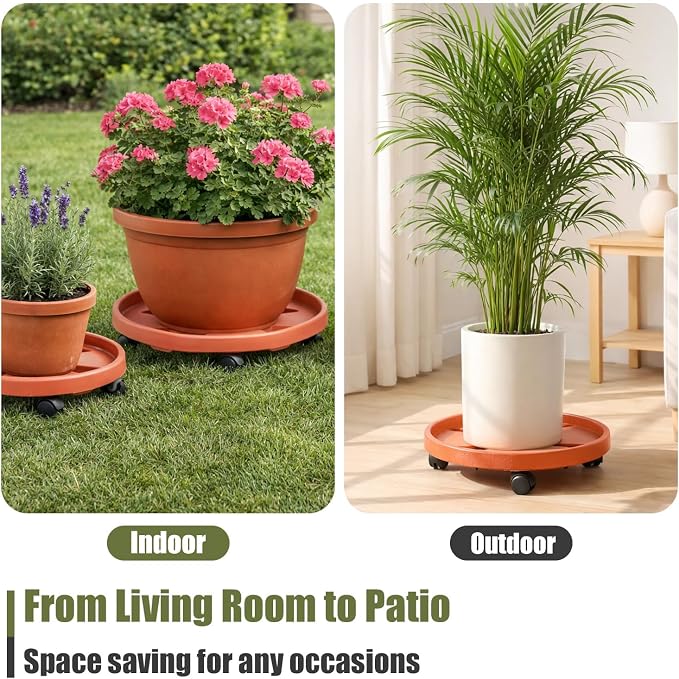 5-pack 11.8" Large Plant Caddy with Wheels Plastic Plant Dolly with Caster Flower Pot Mover Rollers Wheeled Rolling Plant Stands Round Plant Saucer Indoor Outdoor Base Coasters,Terracotta red