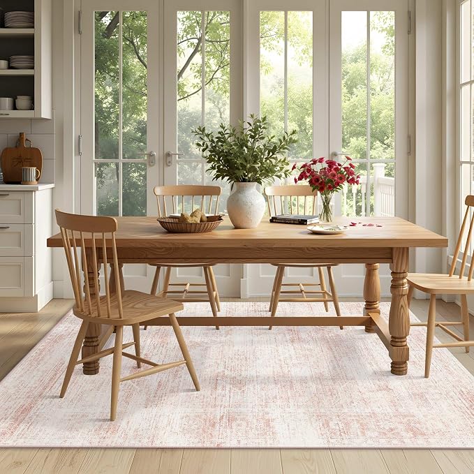 Latte&Fog 5x7 Pink Area Rugs for Girls Bedroom Washable Living Room Rugs | Non Slip Low Pile Soft Floral Cute Carpet for Dining Kitchen Kids Playroom Nursery Guest Room Classroom Dorm Farmhouse Office