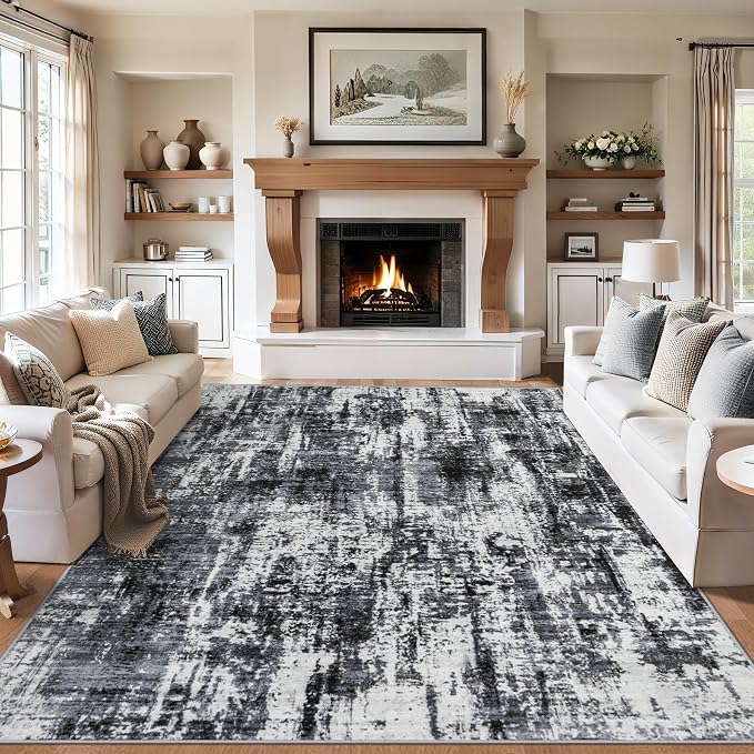 PLHXFR 10x14 Area Rug Living Room: Modern Abstract Washable Carpet Black | For Bedroom Dining Room Farmhouse Nursery Home,Machine washable,Non Slip,Large Soft Neutral,Stain Resistant, Indoor Floor