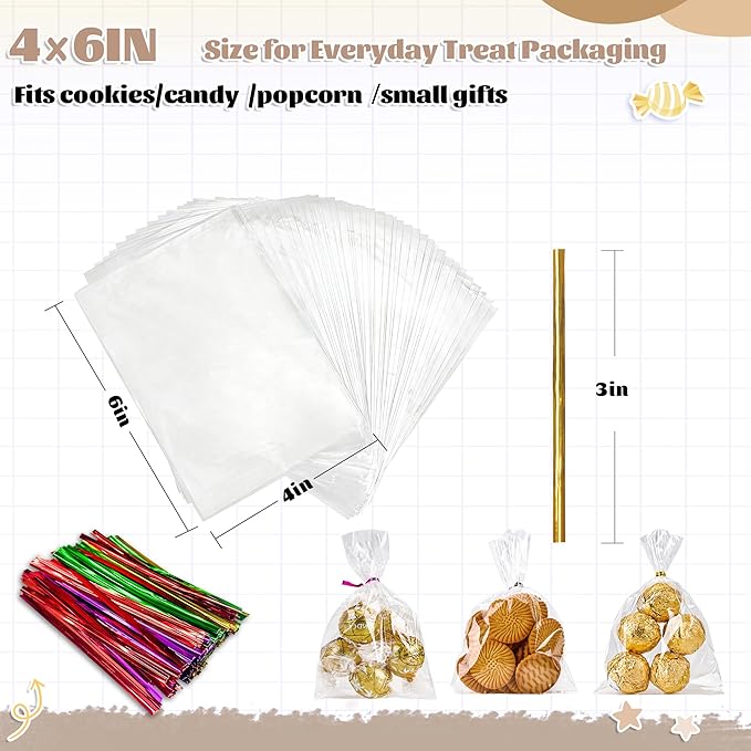 LOKQING Cellophane Bags Plastic Treat Bag Clear Cookie Candy Bags with Twist Ties for Party Favor Bag, Graduation Gift Bags(100PACK,4x6inch)