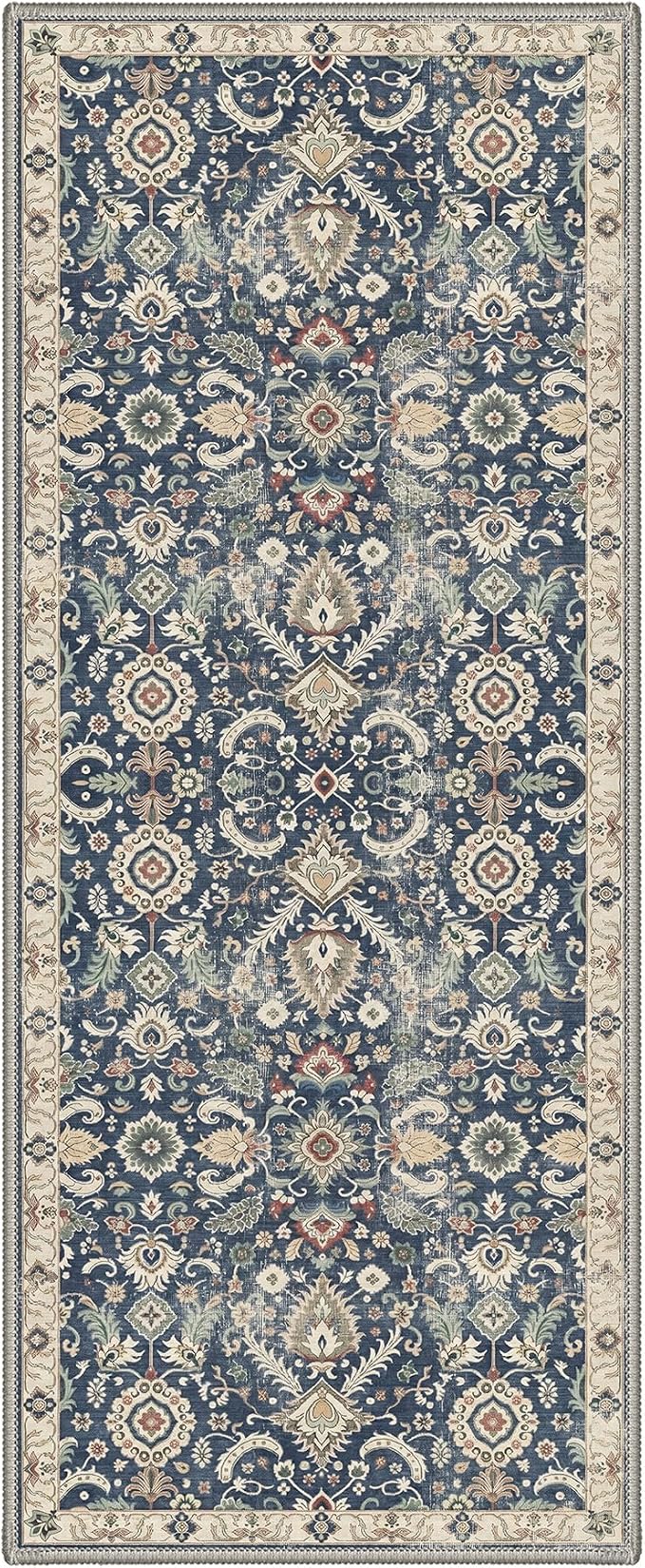 2X5 Washable Hallway Runner Rug, Boho Floral Non Slip | Muted Navy Floral Runner, Soft Faux Wool Rug for Corridor Kitchen Entryway, Stain Resistant, Pet-Friendly, Non-Shedding, Thin