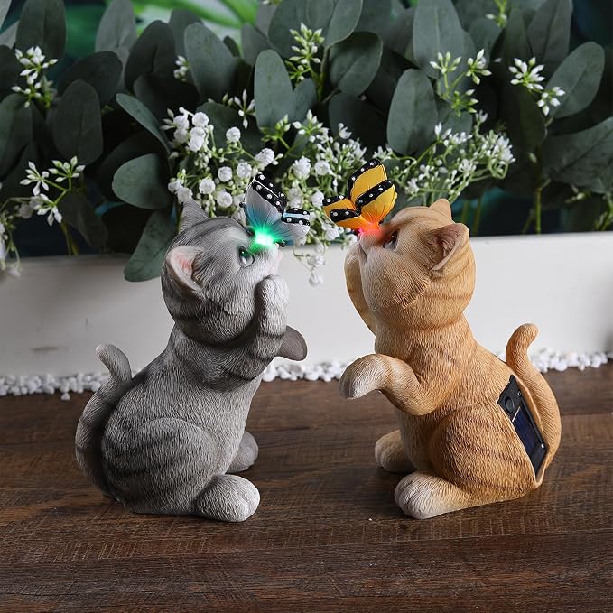 Cat Garden Statue Outdoor Solar Decorations Butterfly Light Figurine Color Changing LED Lights Resin Sculpture Art Decor Patio Lawn Yard Housewarming Gifts for Women Grandma Mom