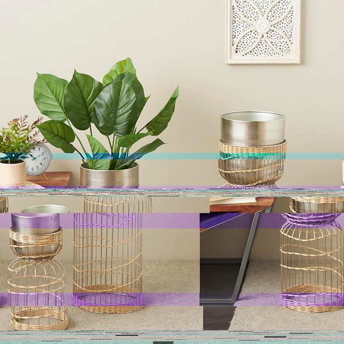 Deco 79 Metal Indoor Planter Textured Dome Large Planter Pot with Woven Rattan and Caged Rod Pedestal Base, Set of 3 Planters 30", 23", 18" H, Silver