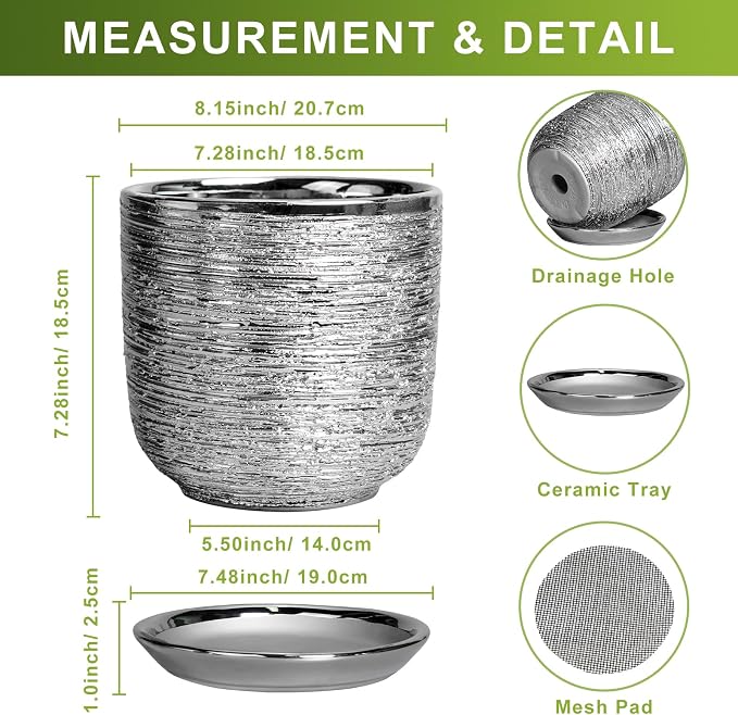 Ceramic Pot for Plants 8 Inch - Ceramic Flower Pot Indoor with Drainage Hole and Saucer, Decorative Round Indoor Planter, Plant Lover Gifts, Patio Home Office House Decor, Silver