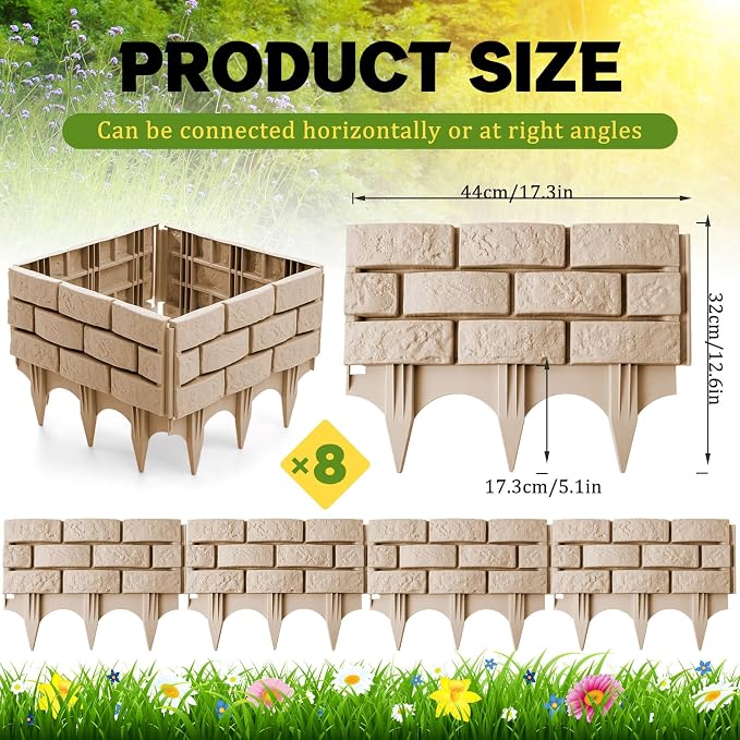 Landical 8 Pcs Imitation Stone Garden Fence, Faux Stone Retaining Wall Look Garden Bricks Border with Ground Stakes, 17.3 x 12.6 in Gray Plastic Edging Blocks for Flower Beds, Lawn, Mulch (Yellow)