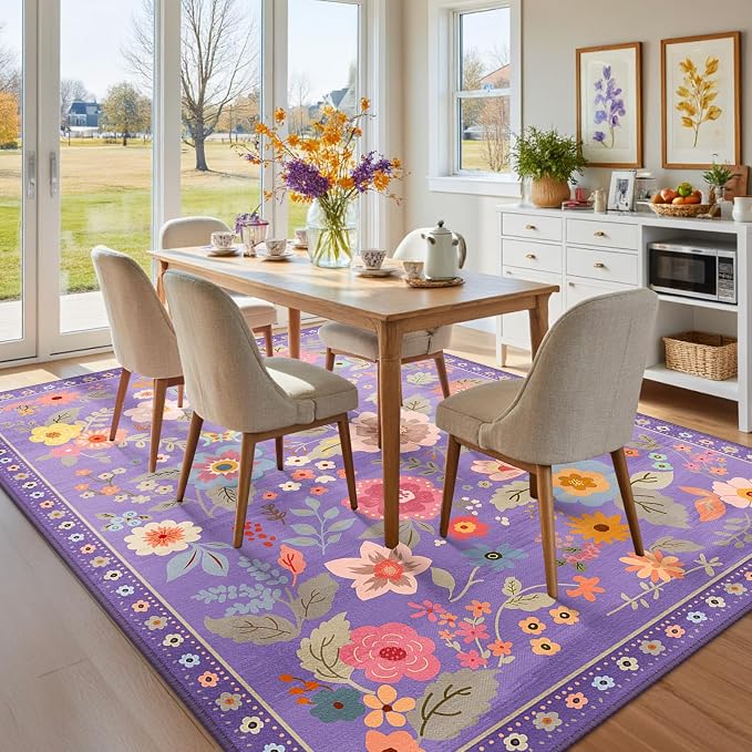 RELEANY Floral Washable 5x7 Area Rugs Purple/Pink | Flower Carpet, Print, Boho, Non-Slip, Easy to Clean, Soft, Low Pile for Living Room Bedroom Kitchen Office Entryway Hallway
