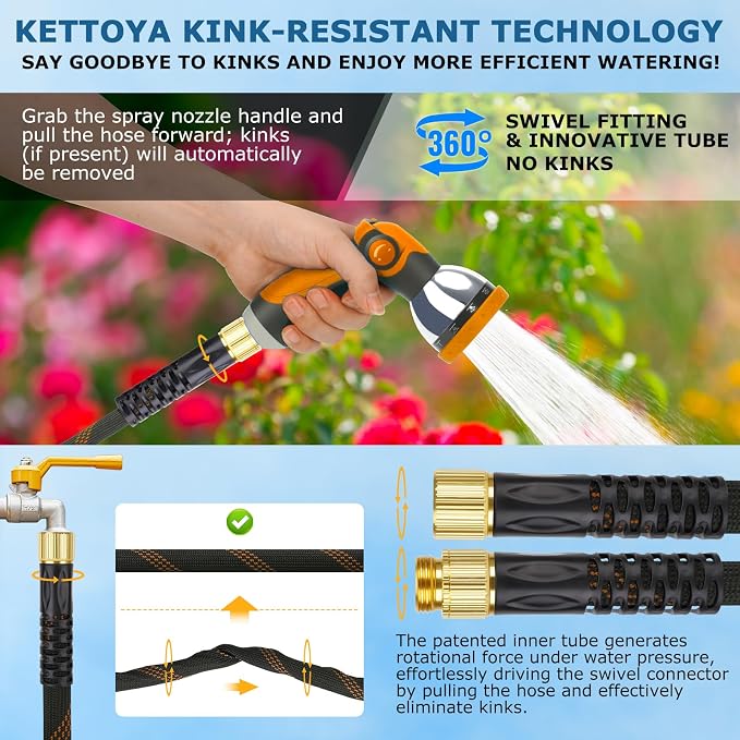 Non-Expanding Garden Hose 100 ft, Kink Free Flexible Water Hose with 10-Pattern Spray Nozzle, Lightweight Hose Pipe, Leak Proof, 3/4" Swivel Connectors, Super Fabric, Portable Storage Strap