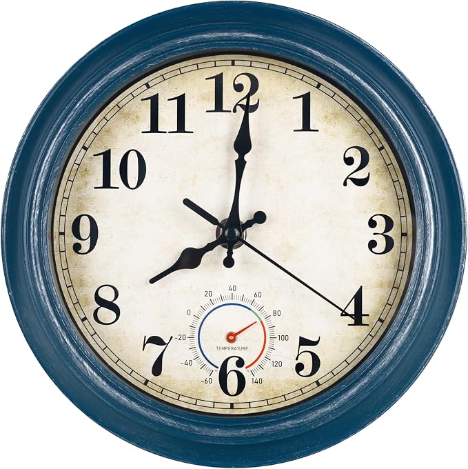 Outdoor Clock Waterproof with Thermometer Wall Clock for Patio Pool Bathroom Kitchen 8 Inch Blue