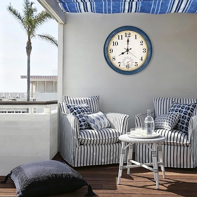 Outdoor Clock Waterproof with Thermometer Wall Clock for Patio Pool Bathroom Kitchen 16 Inch Blue