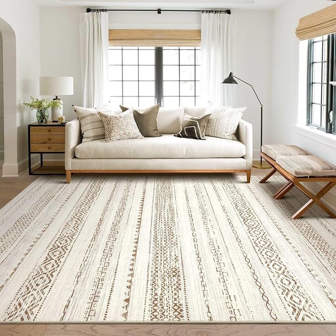 kakania Washable 10x14 Area Rug for Living Room: Boho Geometry Home Decor | Soft Stain Resistant, Low-Pile, Non-Slip, Pet & Kid Friendly, Thin Rug for Bedroom/Dining Room/Kids Dorm - Square Brown