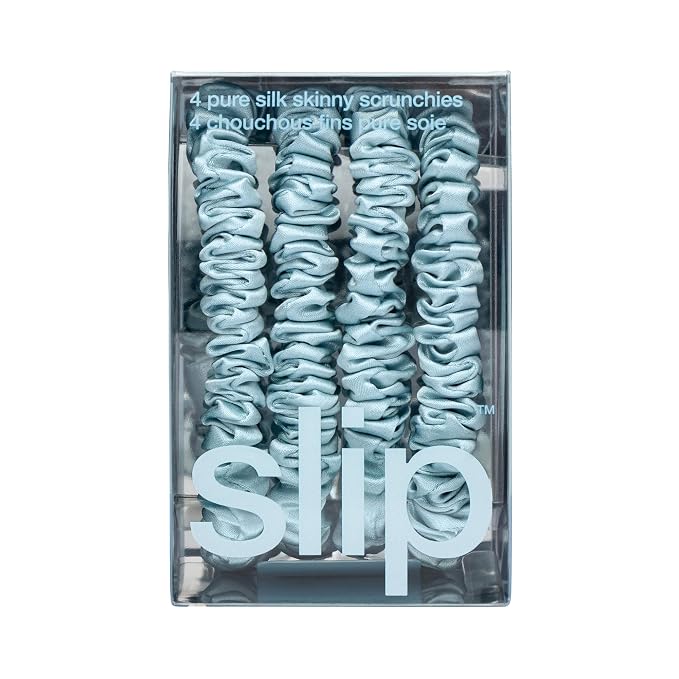 Slip Silk Hair Ties — Skinny Silk Sky Blue Scrunchies, No Damage, No Crease, Anti-Breakage |100% Mulberry Silk | All Hair Types | Made with Proprietary Slipsilk™ | Set of 4
