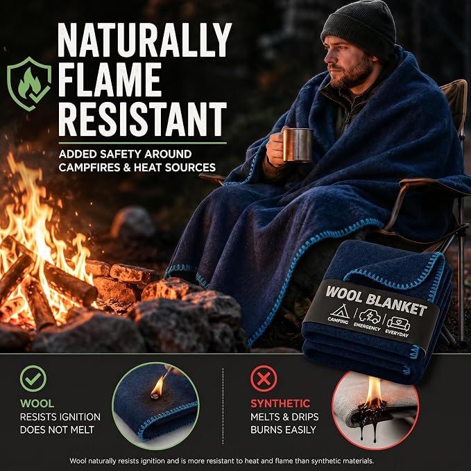 Wool Camping Blanket 10-Pack - 70% Wool Heavy-Duty Military Style Throw, Warm & Washable, Fire Retardant Cover for Emergency, Survival & Outdoor Use - For Camping, Car, Home & Hiking, Navy 66x90