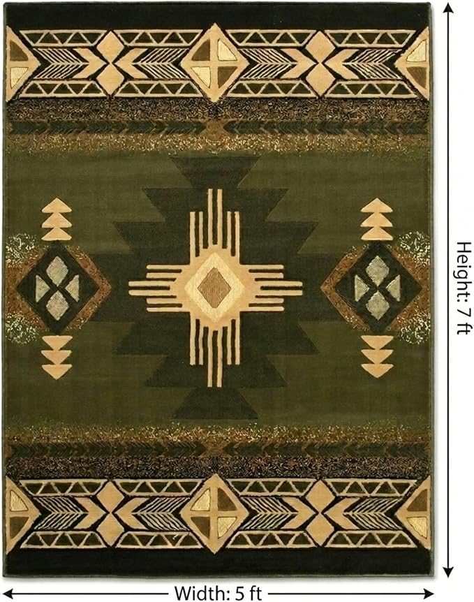 YHSF South West Native American Area Rug C318 - Easy Clean, Thick, Soft, Durable Native Tribal American Indian Inspired Rug for Bedroom/Living Room and More - Sage Green, 5 Feet x 7 Feet