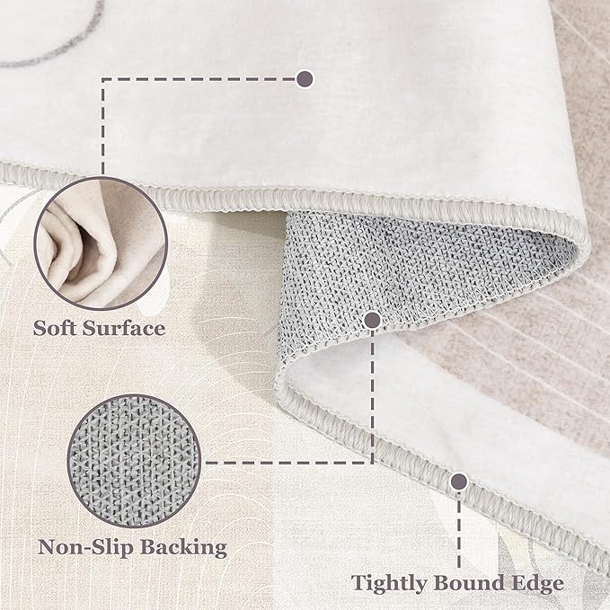 5x7 Area Rugs Washable Low Pile Non Slip Mid Century Modern Large | Machine Washable Throw Carpet for Living Room Bedroom Office Dining Room Boho Abstract Retro Geometric Neutral Beige