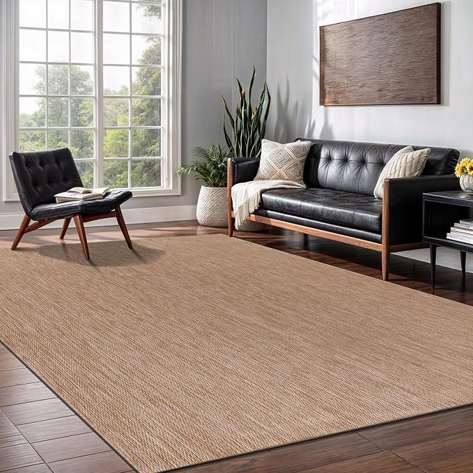 Washable Indoor Outdoor Rug 6x9 Weather Resistant Area Rugs Modern Solid Jute Rug for Porch Deck Balcony Backyard Patio Outside Carpet (6 X 9 Jute Beige)