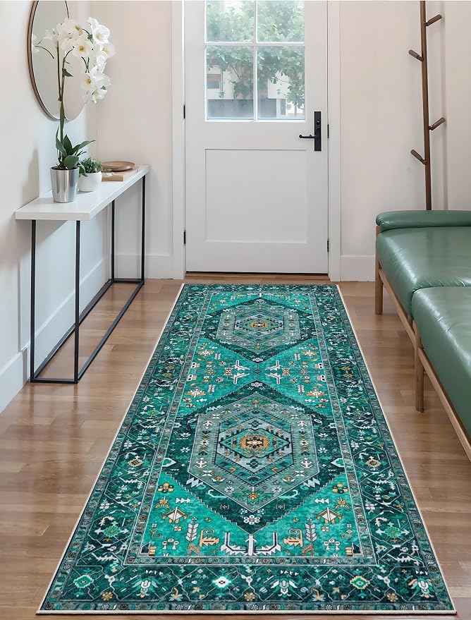 SERISSA 3x7 Washable Non Slip Boho Runner Rug for Hallway，Teal | Ultra Soft Vintage Oriental Carpet Low-Pile Distressed Tribal Floor Carpet for Kitchen Bedroom Entryway Laundry Room