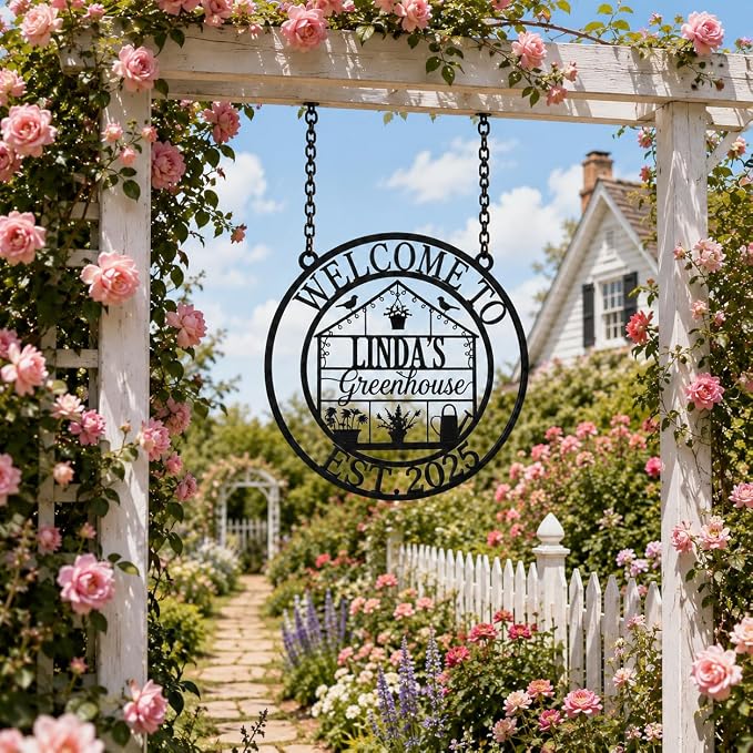 Personalized Hanging Garden Sign, Custom Metal Garden Name Sign for Outside, Outdoor Garden Decor, Yard Patio Flower Bed Decor, Gifts for Gardeners, Mom, Grandma, Housewarming