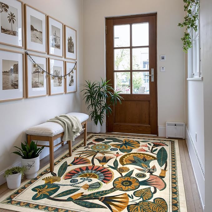 Zealude Egypt Floral Washable Area Rugs for Living Room 5x7 Boho Large Vintage Beige Bedroom Dining Room Rug,Non Slip Soft Throw Carpet for Entryway Kitchen Office Hardwood Playroom (5 x 7)