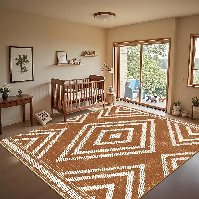 Boho Brown Area Rugs 8x10ft Non Slip, Large Low Pile Washable Rugs for Living Room, Soft Bedroom Area Floor Carpets for Dining Room Kids Nursery Playroom Farmhouse Office