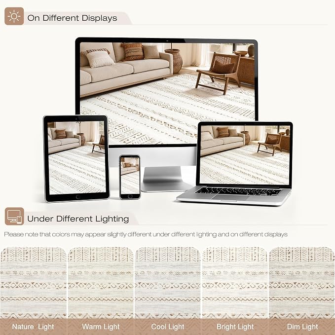 cotiled Boho 10x14 Area Rug for Living Room: Large Moroccan Washable Rug | Stain Resistan Carpet for Bedroom Farmhouse Brown Cream