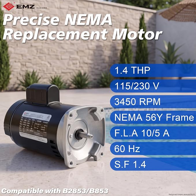 1 HP Pool Pump Motor, 56Y Square Flange, 115/230V, 3450 RPM, ODP | Single speed replacement motor, compatible with B2853/B853 specs, 1.4 service factor