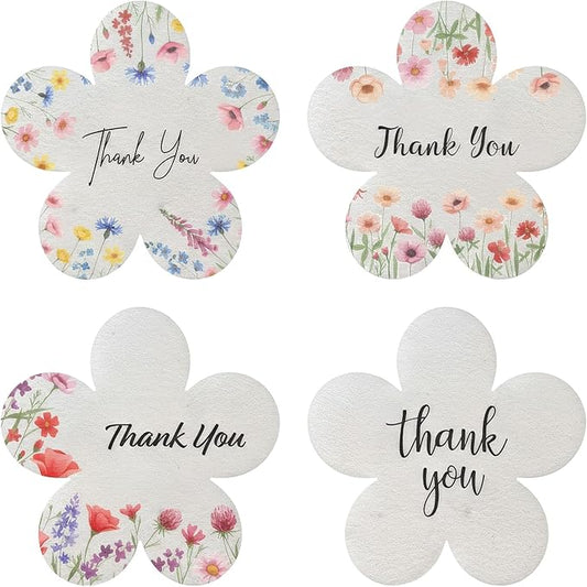 24Pcs Plantable Flower Thank You Tags with Wildflower Seeds - 4 Floral Designs (6 Each) Writable Favor Tags for Birthdays, Weddings, Bridal Shower, Mom Gifts, Party Favors & Gift Wrapping