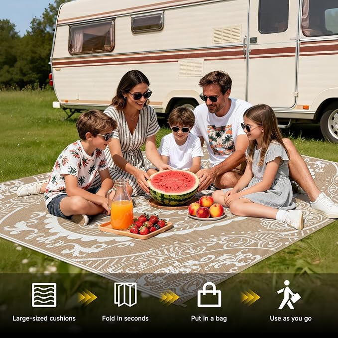 Pauwer Waterproof Outdoor Rug 6x9, Reversible Plastic Straw Patio Camping Rug, Indoor Outdoor RV Mat Carpet for Deck, Camper, Porch, Balcony, Backyard, Picnic, Paisley Brown