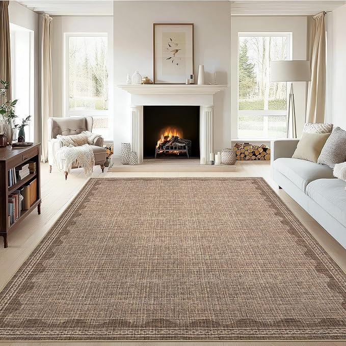 8x10 Scalloped Area Rugs Coffee Washable Living Room Bedroom Rug | Solid Tan Rug for Bedroom Girls, Non Slip Throw Carpet With Rubber Back, Soft Dorm Nursery Scalloped Rugs for Dining Room