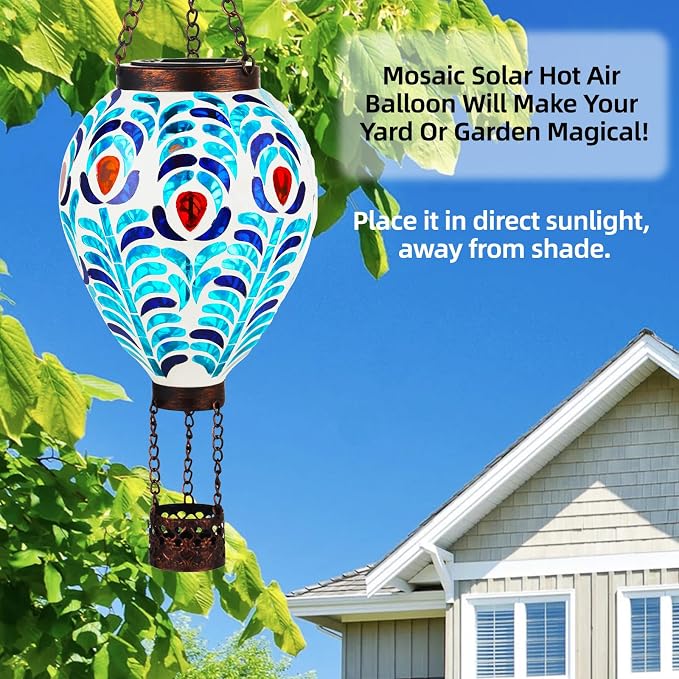 VOREEN Hot Air Balloon Solar Lantern, Handmade Mosaic Solar Outdoor Hanging Wind Light, Waterproof, Patio Festive Decor, Gift for Mom Wife Friend, Peacock Feather Design