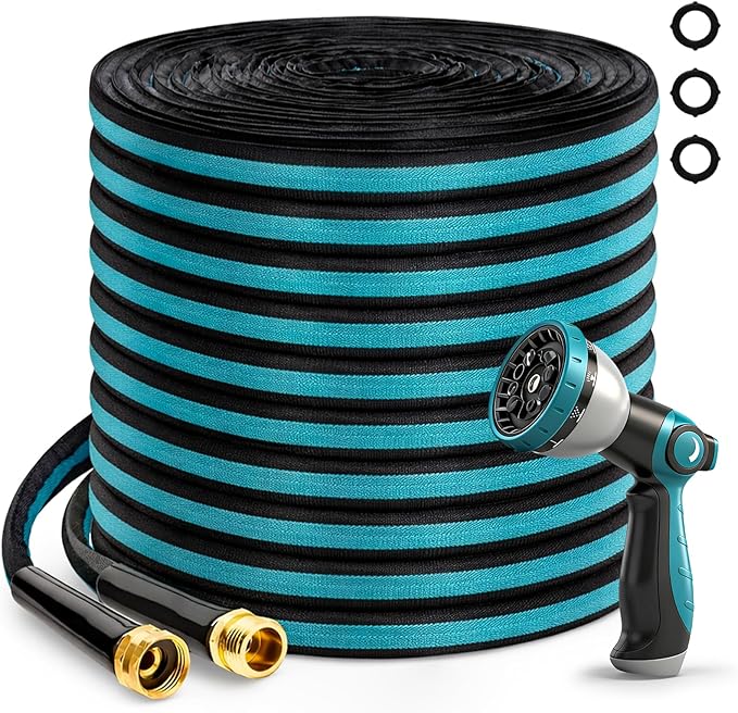 25FT Garden Hose, Kink-Free Non-Expandable Flexible Water Hose with 10-Pattern Spray Nozzle, Lightweight Leakproof Flat Hose with 3/4” Solid Brass Connector for Yard, Lawn & Outdoor Use