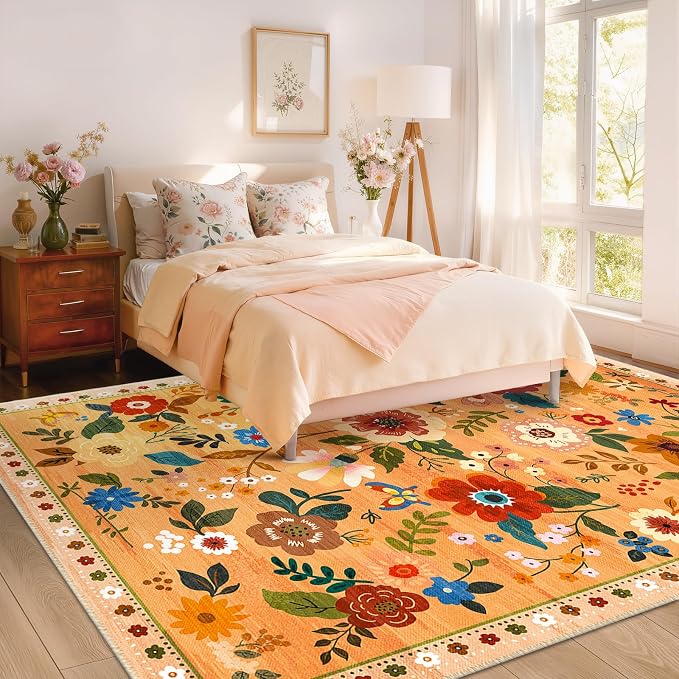 RELEANY Floral Washable 6x9 Area Rugs Orange/Yellow/Red | Flower Carpet, Print, Boho, Non-Slip, Easy to Clean, Soft, Low Pile for Living Room Bedroom Kitchen Office Entryway Hallway