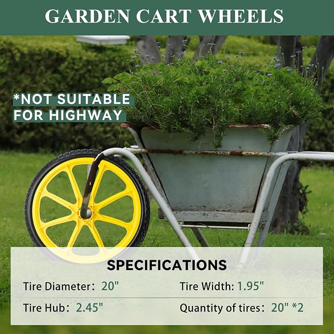 20” Flat Free Wheelbarrow Tires, 5/8” Extra 3/4”Bearing, with 2.45” Centered Hub, Replacement for Rubbermaid Wheelbarrow wheels, Garden Yard Cart, Big Wheel Utility Carts (Yellow, 2 pick)