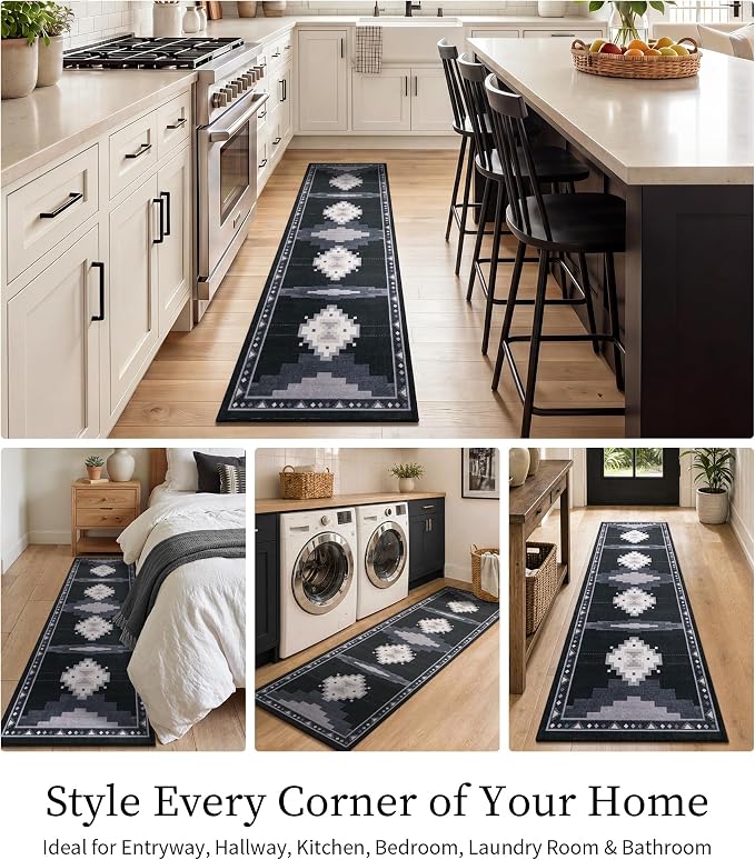 YIHOUSE 2'x6' Washable Hallway Runner Rug, Black and Grey Western Aztec Rug | Non-Slip, Low Pile, Soft, Tribal Geometric Design, for Entryway Kitchen Boy Bedroom, Stain Resistant, Pet Friendly