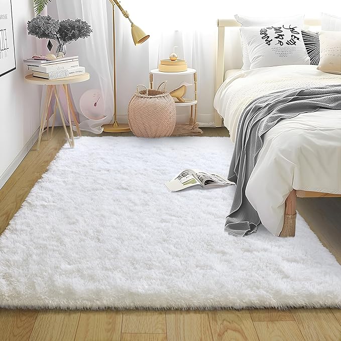 White Area Rugs for Bedroom, Fluffy Washable 4x6 | Upgrade Non-slip, 4 x 6 Shaggy Rug for Living Room Dorm, High Pile Fuzzy Shag Plush Carpet Girls Kids Room, Flame Resistant
