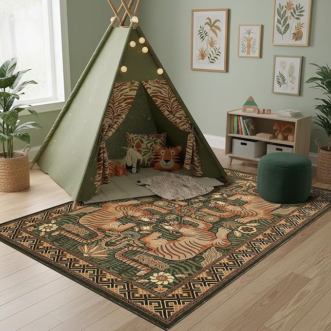 GarveeHome 4x6 Tiger Washable Rug Entryway Boho Bedroom Non Slip Vintage | Green Area Rug Low Pile Tribal Animal Carpet Stain Resistant Throw Rug for Kitchen Dorm Kidss Room Office Dining Room