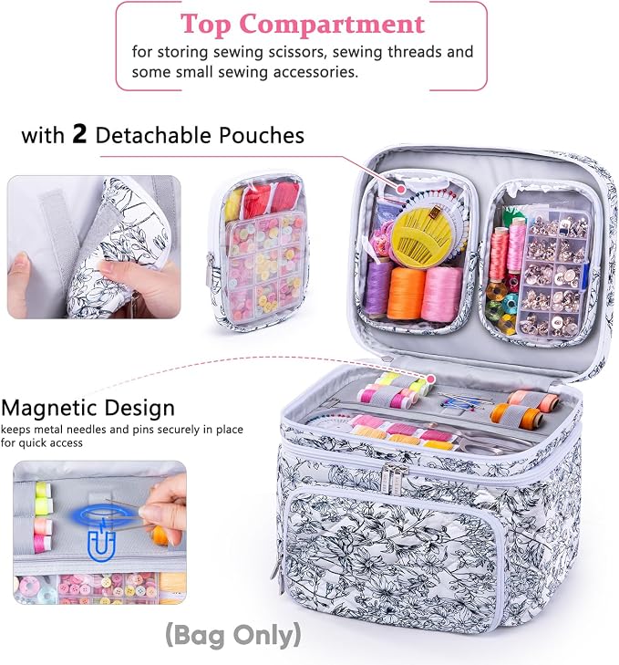 AMOIGEE Double-Layer Sewing Organizer Storage Bag with 2 Detachable Pouches, Large Quilted Sewing Basket for Supplies & Tools, Portable Travel Sewing Kit Case, Gift for Mom(BAG ONLY)