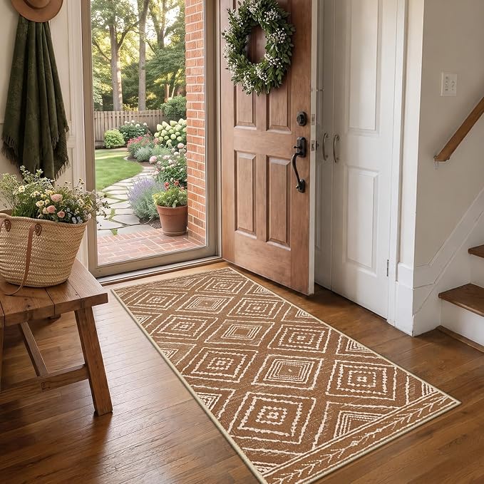 2'x6' Washable Area Rug for Living Room Runner Yellowbrown | Soft Western No Slip Low Pile Print Foldable Indoor Small Rug for Kitchen entrance entryway hallway